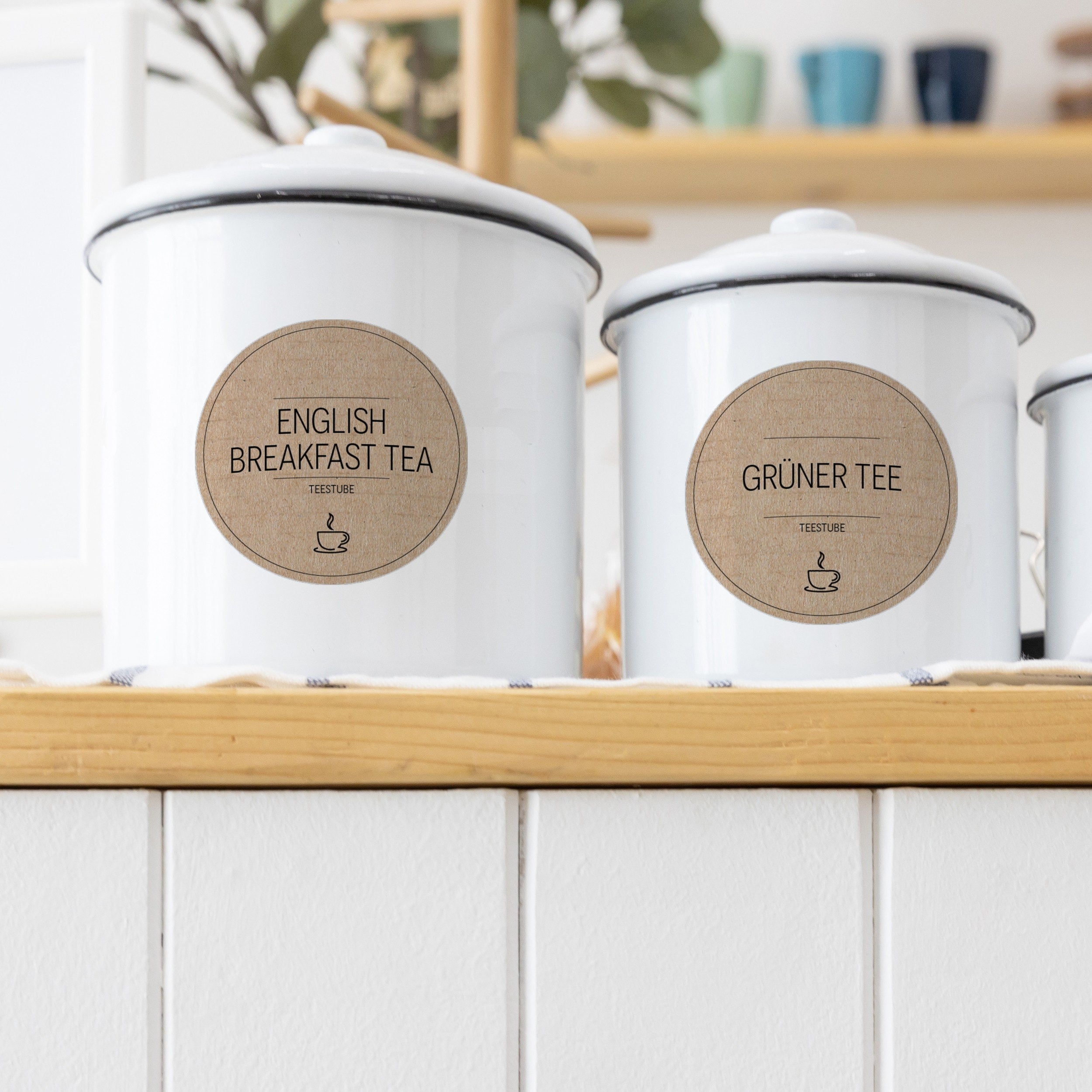 Runde braune Teedosen-Aufkleber mit Tee-Etiketten, Set mit 48 Aufklebern für Teestuben und Tee-Behälter, aufkleberdrucker.de