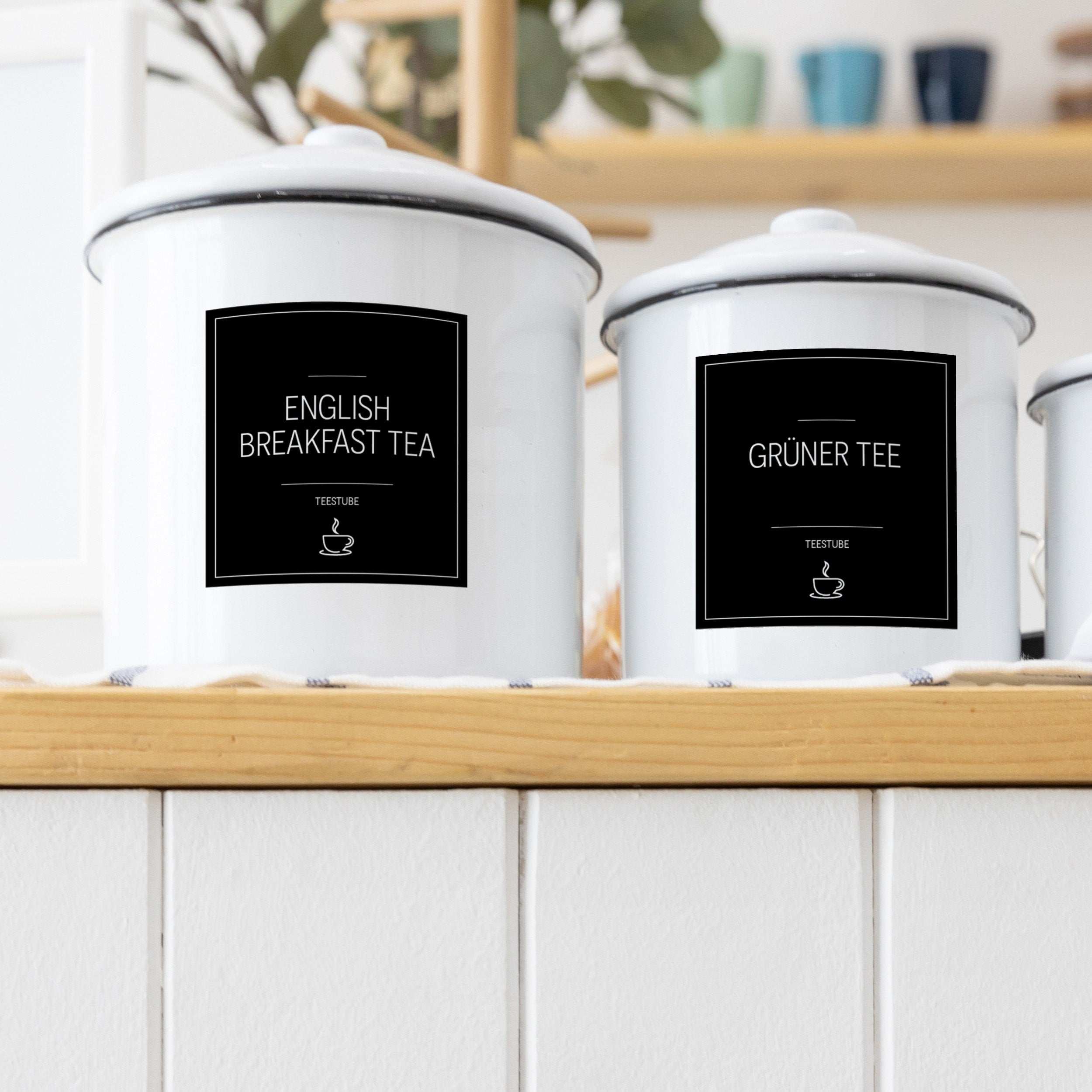 Schwarze, eckige Teestuben-Aufkleber für Teedosen, Set mit 48 Tee-Etiketten, ideal für Teeliebhaber und Teebehälter.