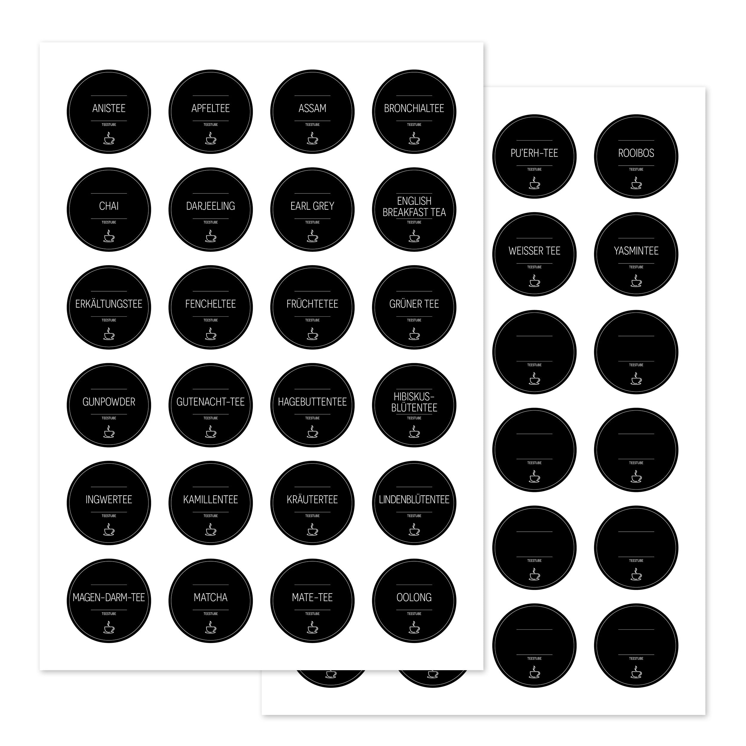 Runde, schwarze Teekannen-Aufkleber für Teedosen, Set mit 48 Tee-Etiketten, dekorativer Aufkleber für Teestube.