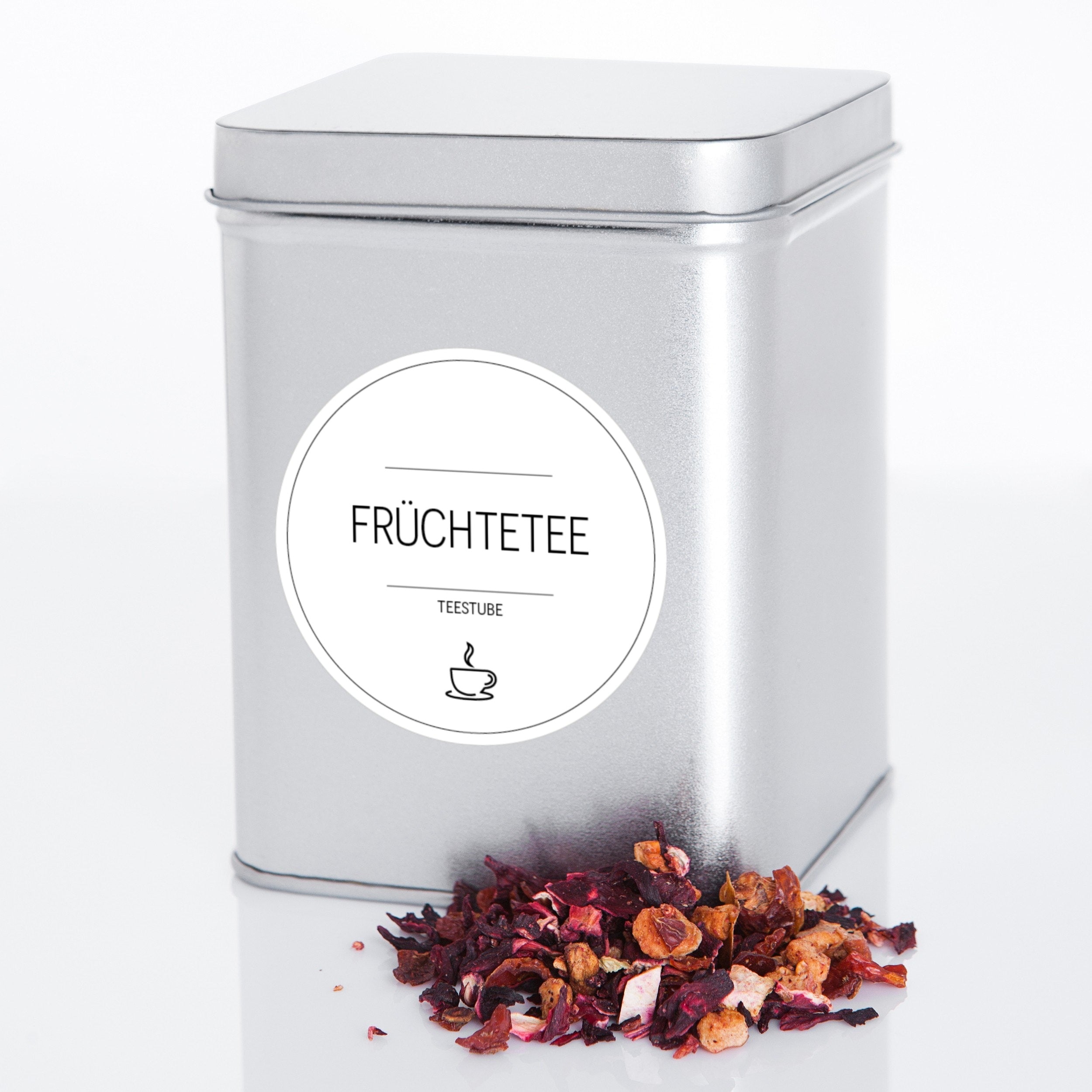 Runde weiße Teedosen-Aufkleber mit Tee-Etiketten-Design, ideal für Teedosen, zum Aufkleben und Beschriften von Teesorten.
