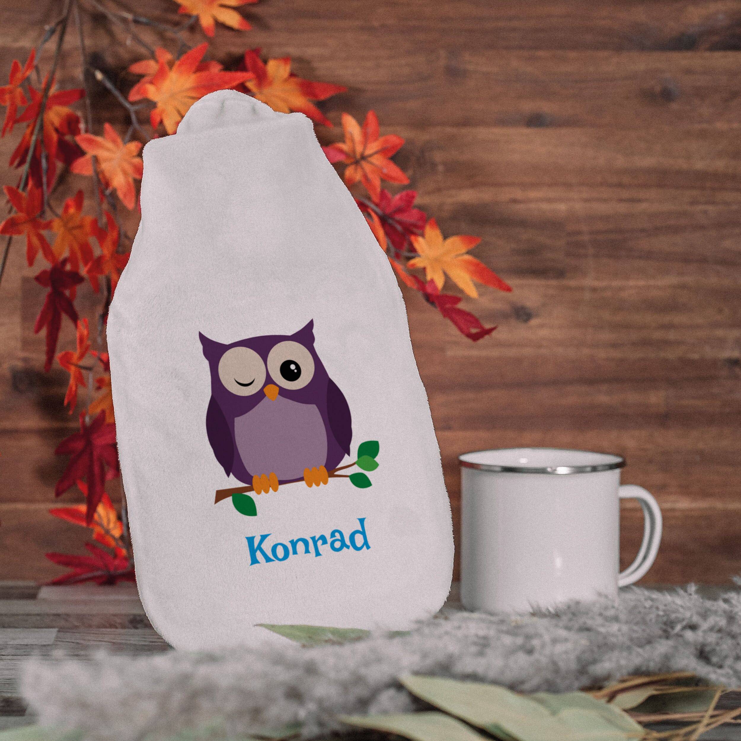 Personalisierte Wärmflasche mit Eulendesign und Namen, kindgerechtes Motiv in weicher Hülle, ideal für Kinder.