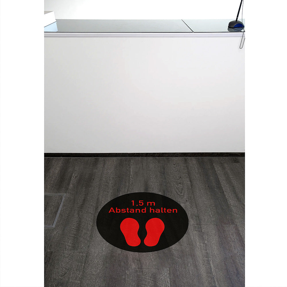 Roter Fußbodenaufkleber mit 1,5m Abstand halten, 300x300 mm, für soziale Distanz auf glatten Böden.