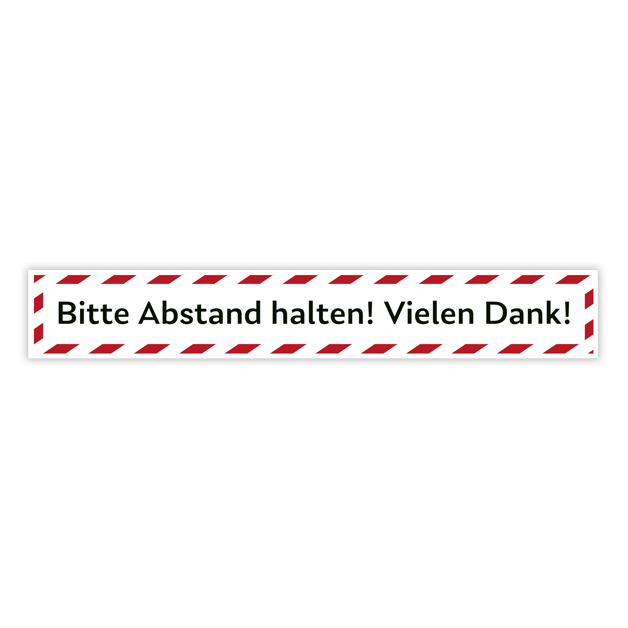 Fußbodenaufkleber 70x10 cm mit "Bitte Abstand halten! Vielen Dank!" von aufkleberdrucker.de auf glatter Oberfläche sichtbar.
