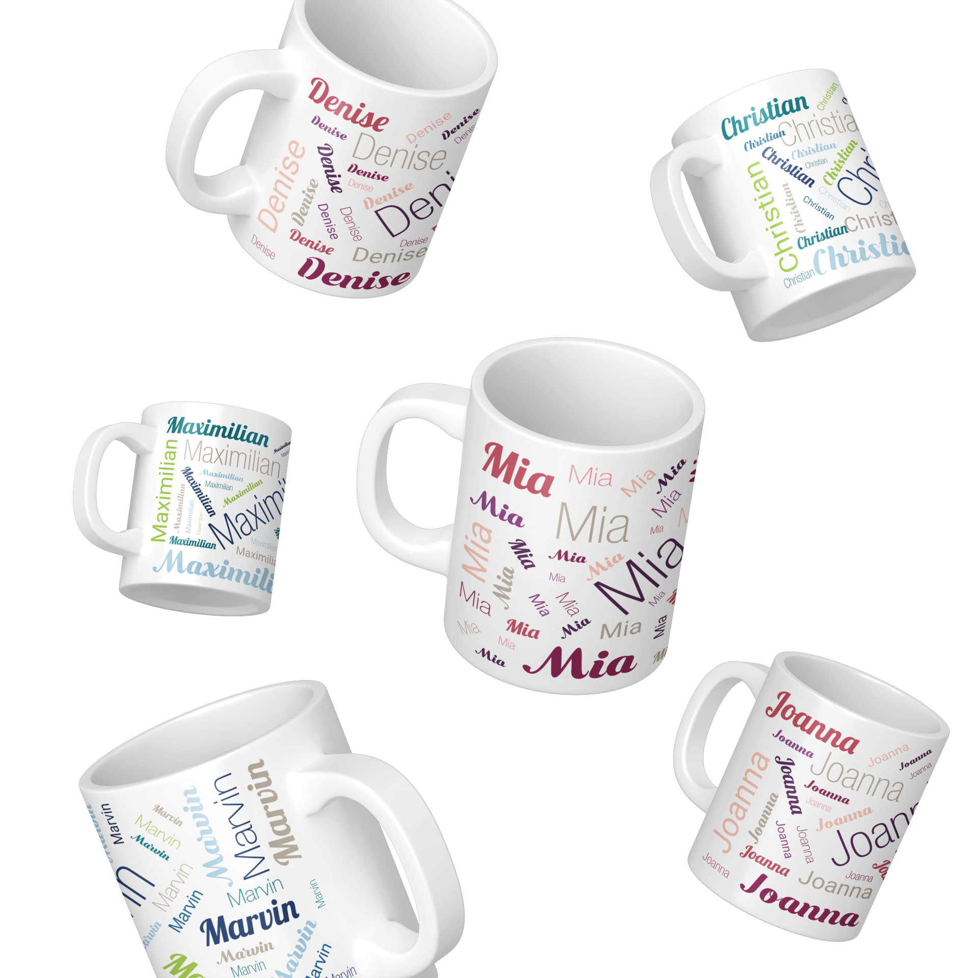 Blaue und rote Keramiktasse mit personalisiertem Namen, gestaltet von aufkleberdrucker.de, im Nahaufnahme-Design.