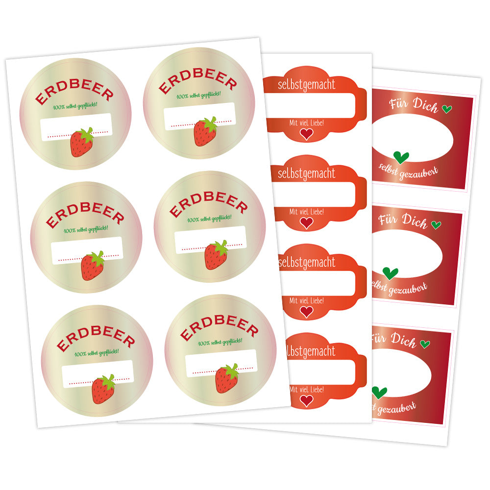 Erdbeermarmelade Aufkleber im Set mit 3 Bögen, fruchtiges Erdbeere-Design, ideal für Küchen und Lebensmittelverpackungen