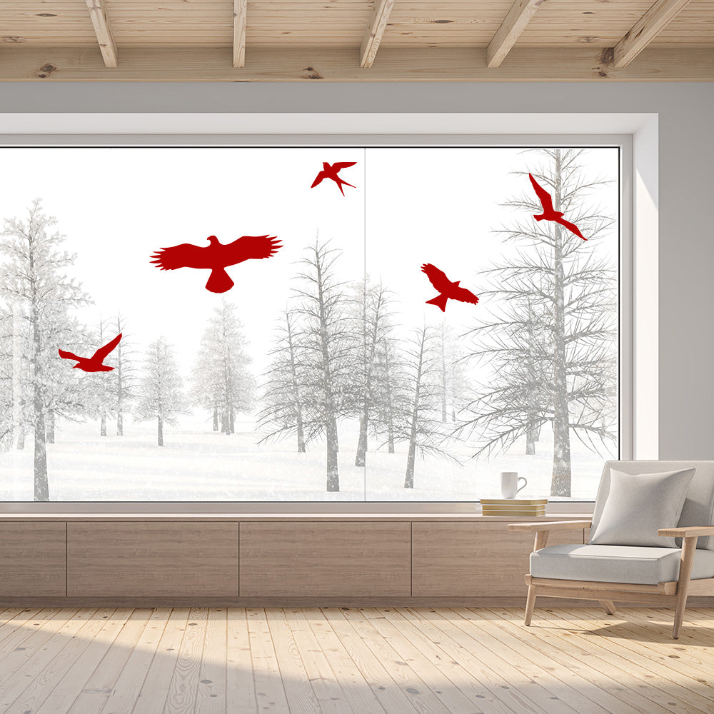 Roter Vogel-Silhouetten-Aufkleber auf transparentem Papier, Set mit 2 Bögen, ideal für Fensterdekorationen.