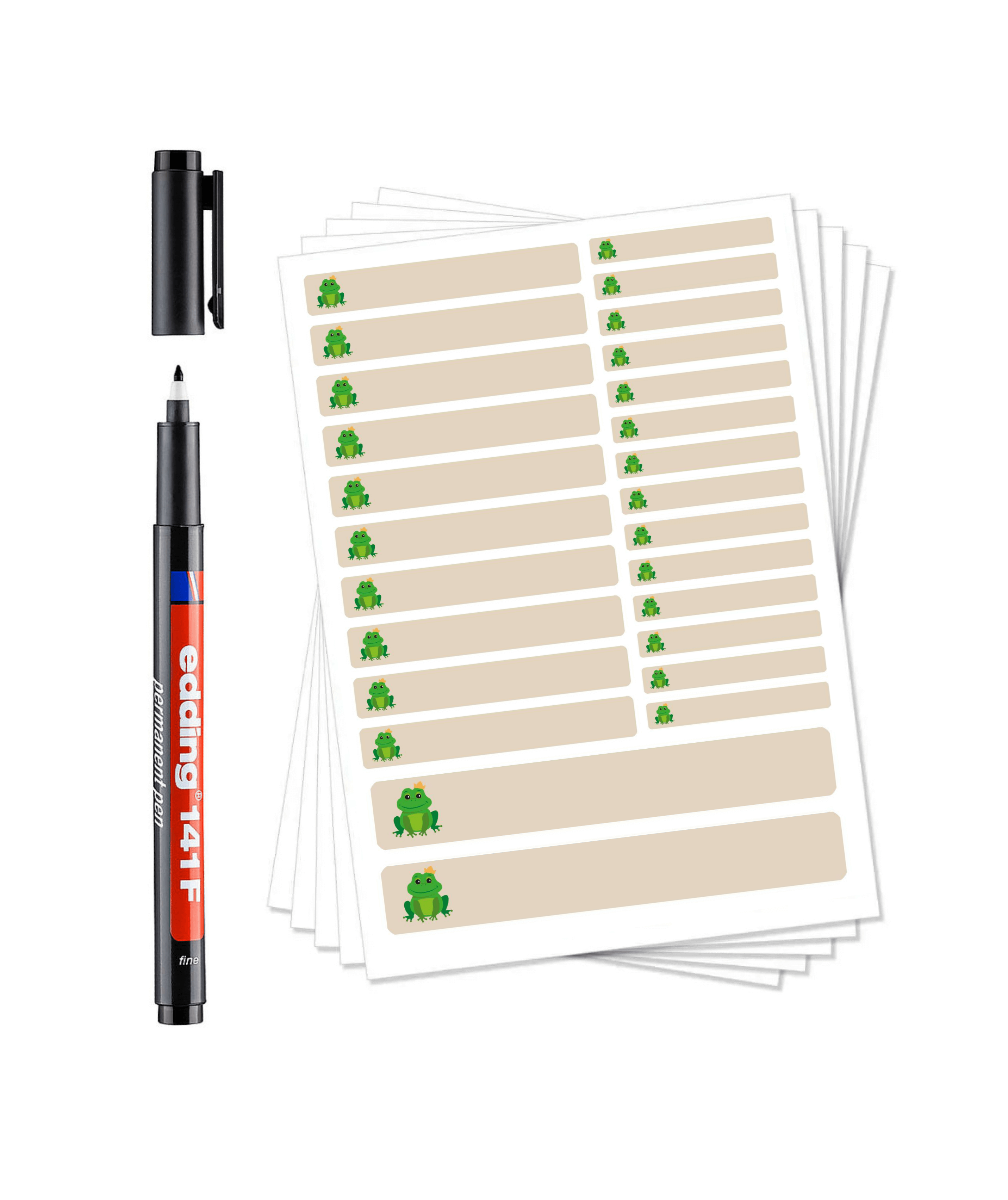 Beige Frosch-Namensaufkleber auf Bogen, inklusive Permanentmarker und Laminat, für kreative DIY-Beschriftungen.