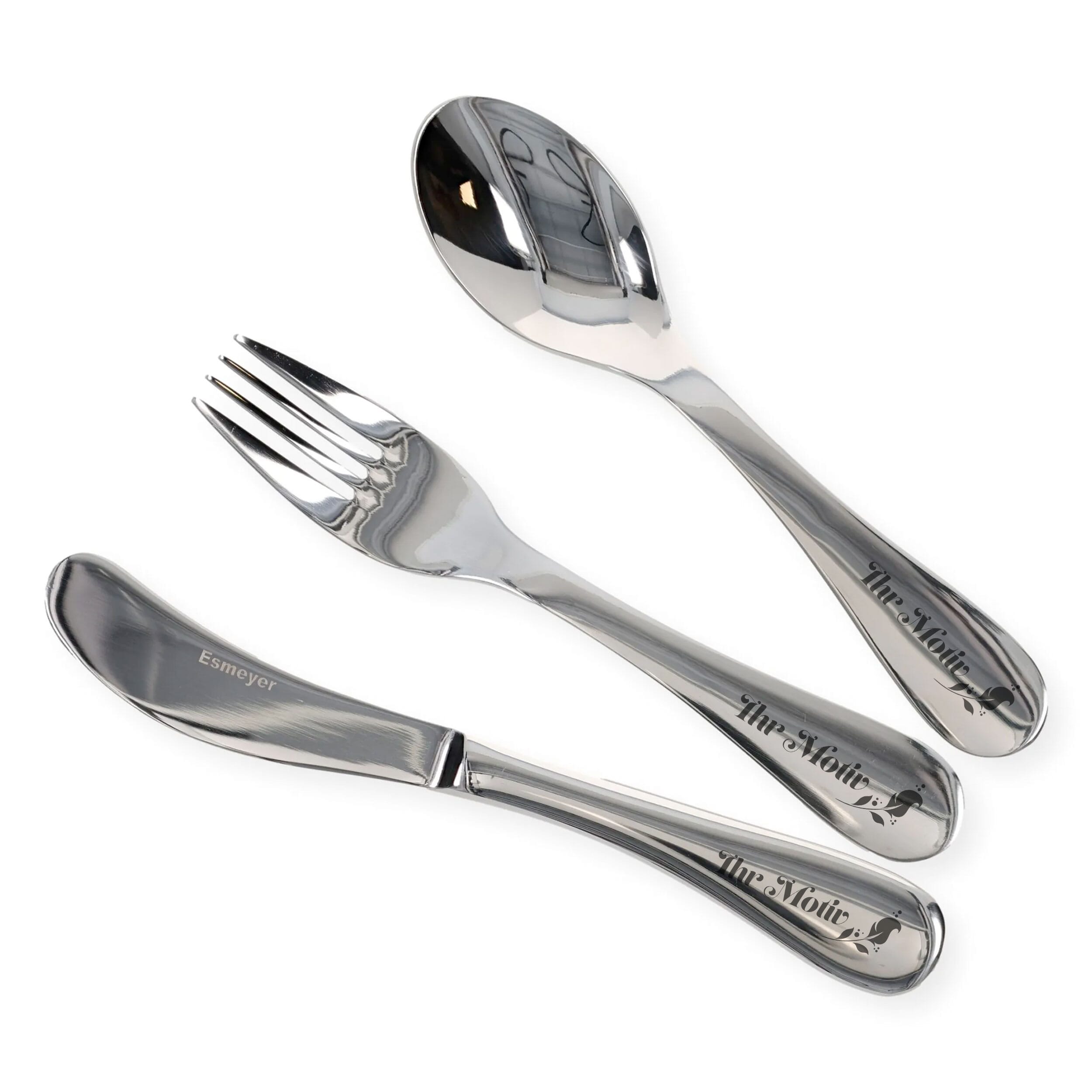 Kinderbesteck 3-teilig von Esmeyer mit Gravur, kindgerechtes Besteck aus Edelstahl, perfekt für kleine Kinder, abgebildet auf weißem Hintergrund