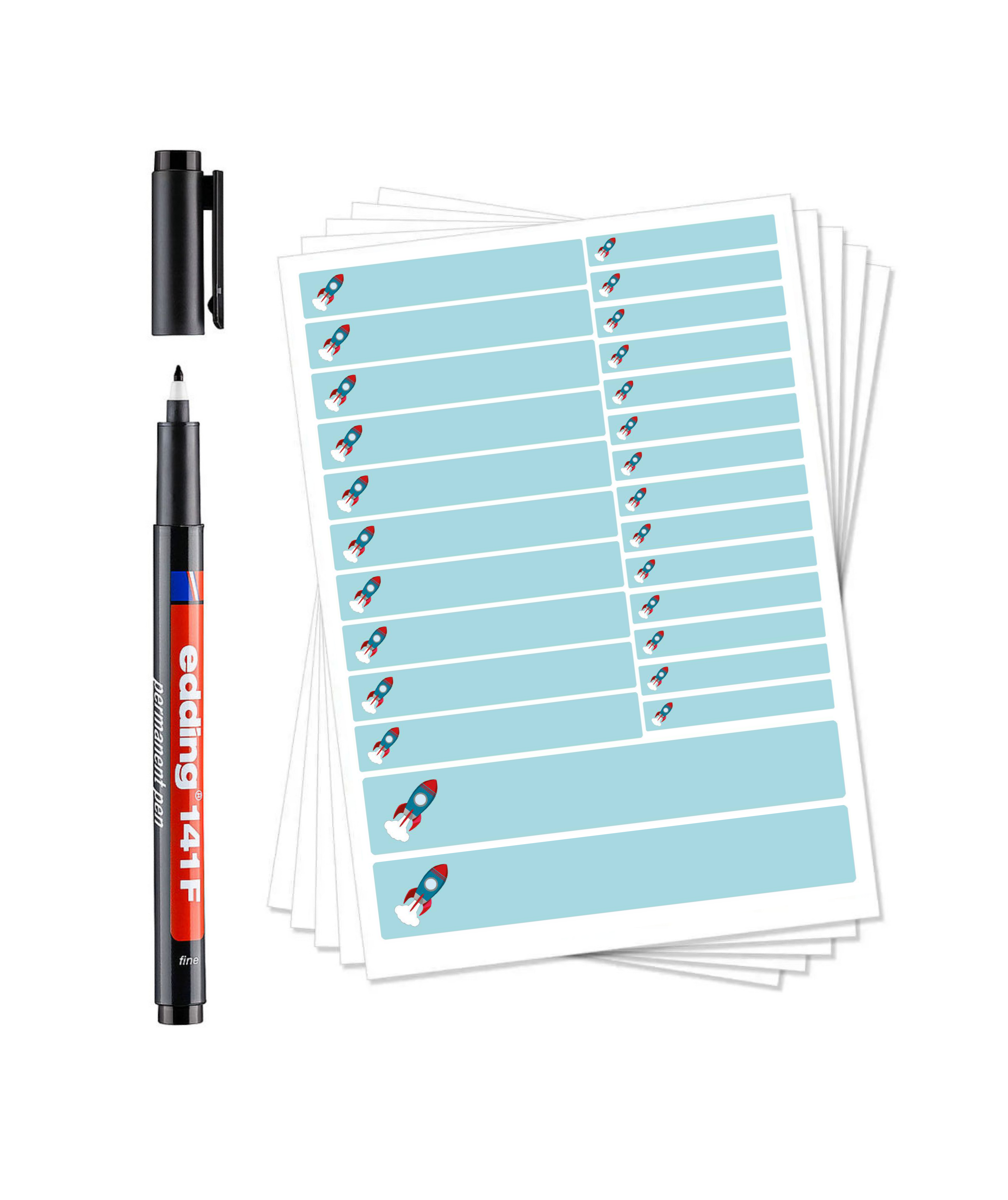 Blauer Raketen-Namensaufkleber-Bogen mit Permanentmarker und Laminat, ideal für DIY-Beschriftungen, aufkleberdrucker.de