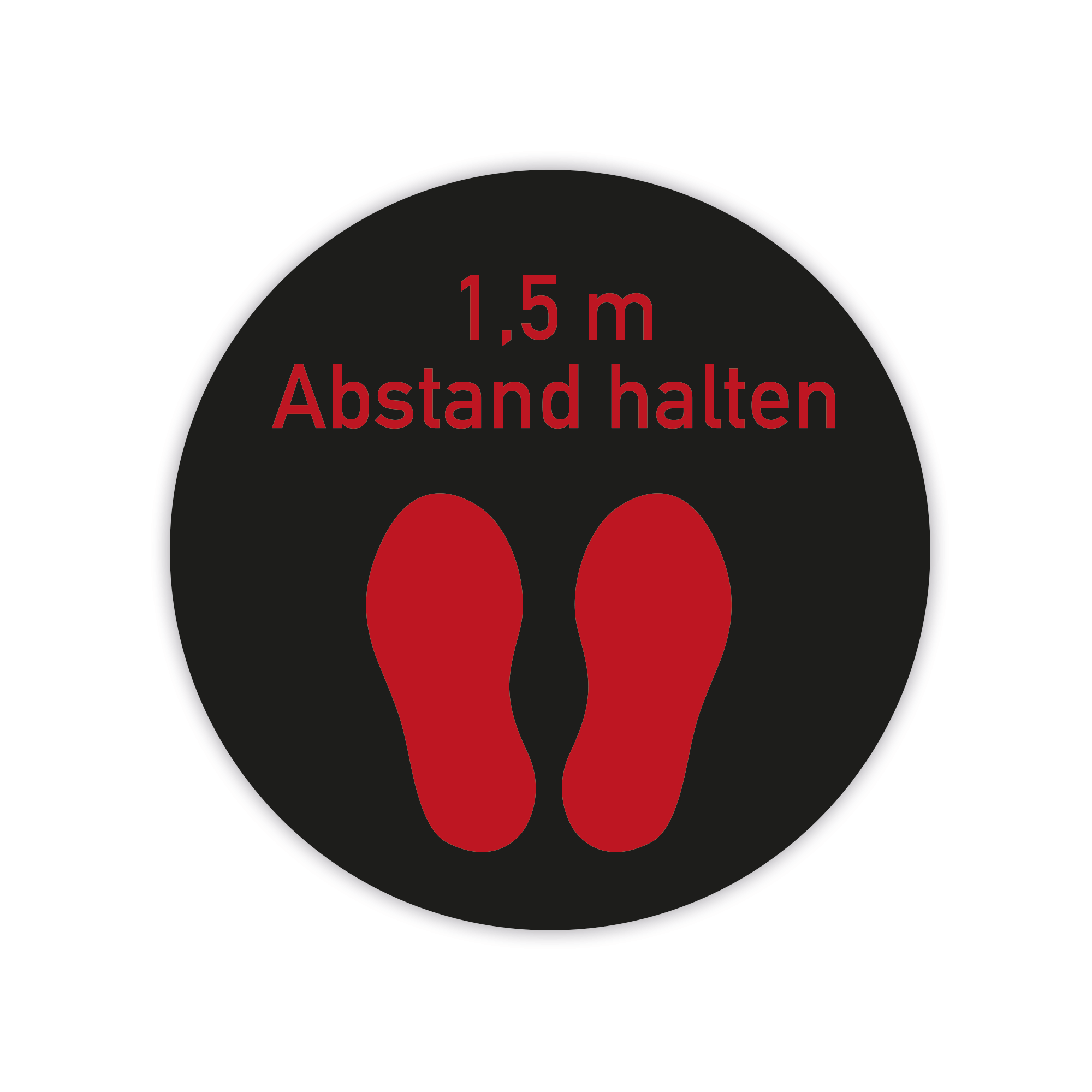 Roter Fußbodenaufkleber mit 1,5m Abstand halten, Maße 300x300 mm, für soziale Distanz auf dem Boden.