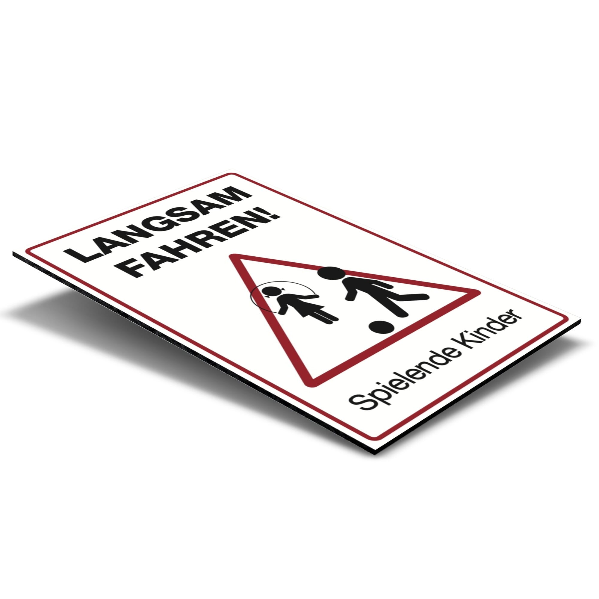 Schild "Langsam Fahren! Spielende Kinder" mit Piktogramm, wetterfest, zur Verkehrsregelung in Spielbereichen, aufkleberdrucker.de