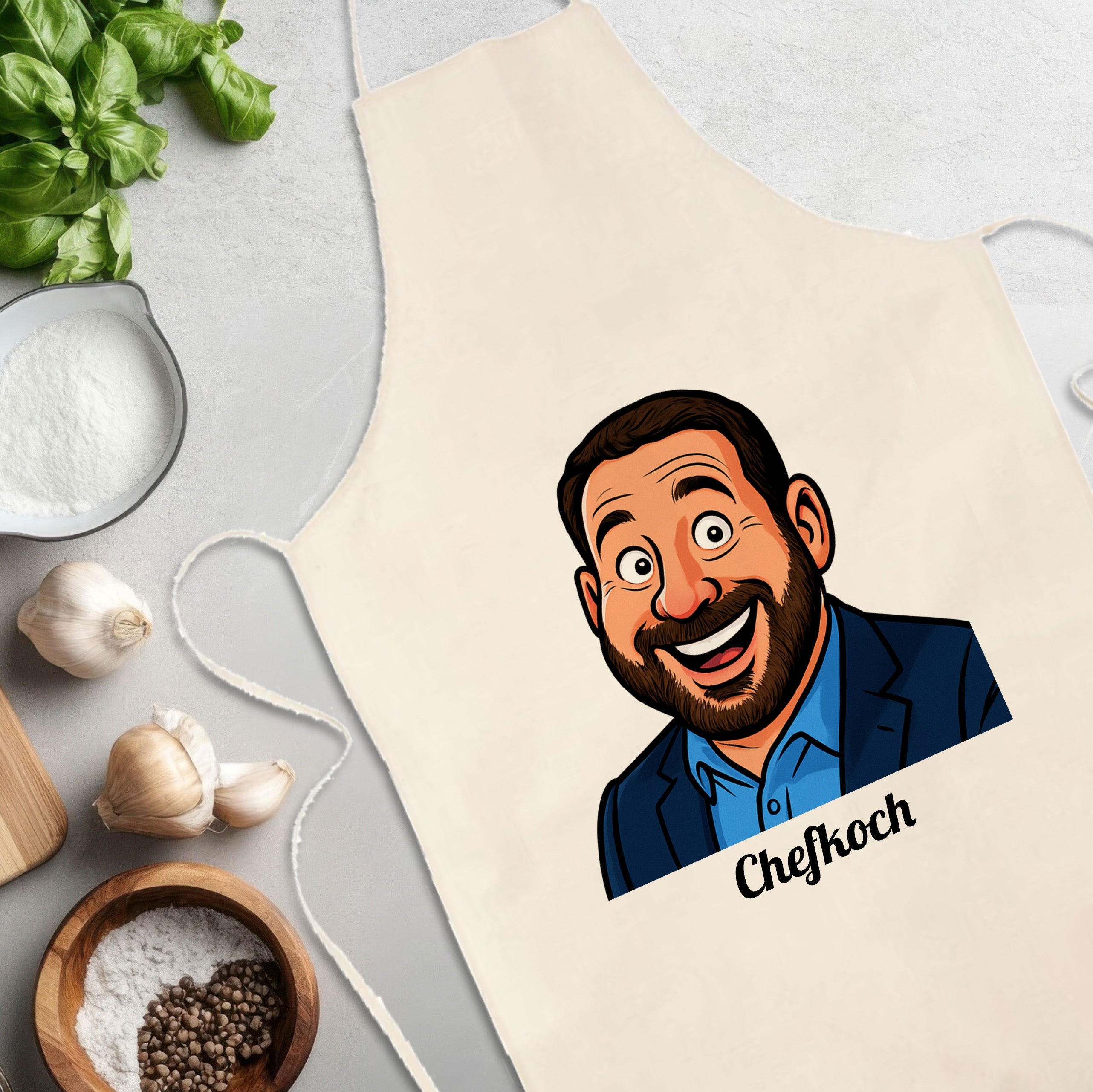 Bunte Kinderkochschürze mit lustiger Karikatur und Text, perfekt für kleine Küchenchefs, von kinder-druckerei.de