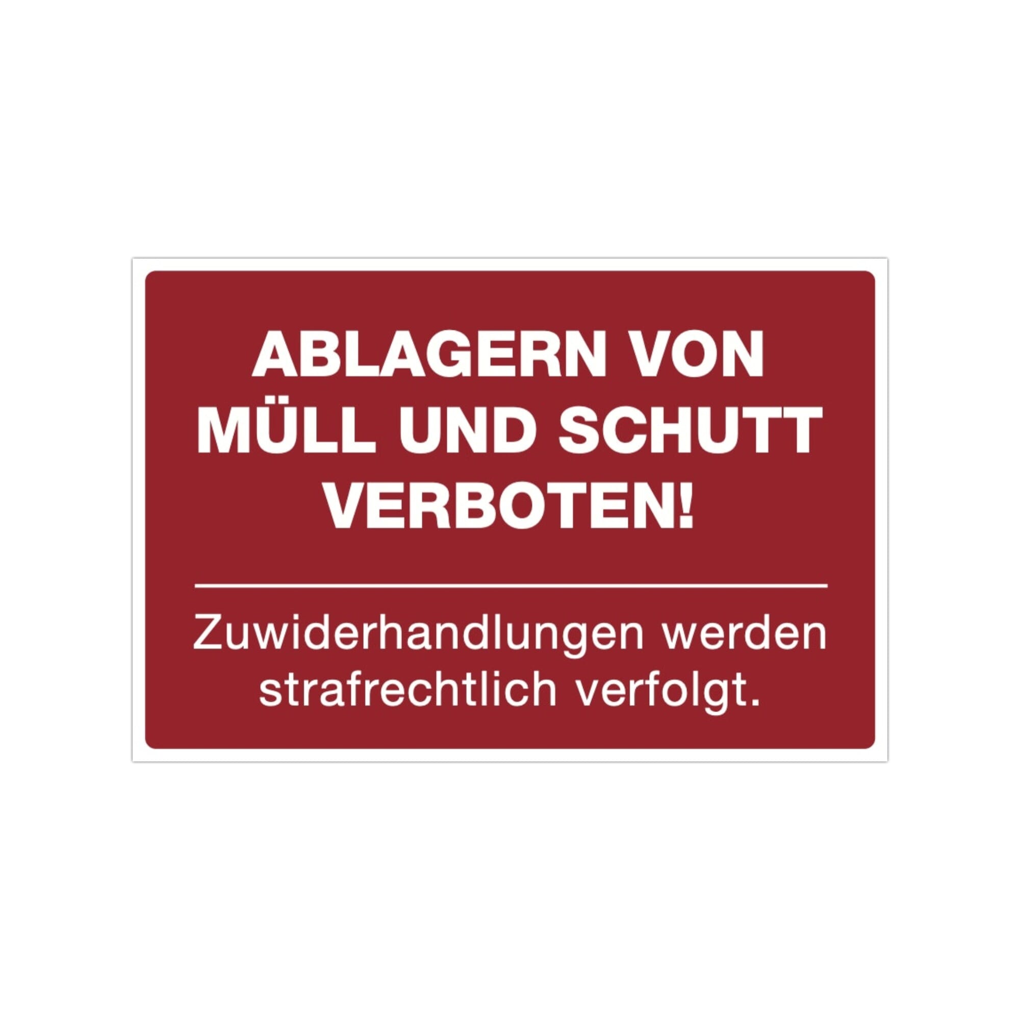 Drei signalrote Aufkleber "Ablagern von Müll und Schutt verboten" mit 300x200 mm Größe, für Verbotssignale auf Müllcontainern.