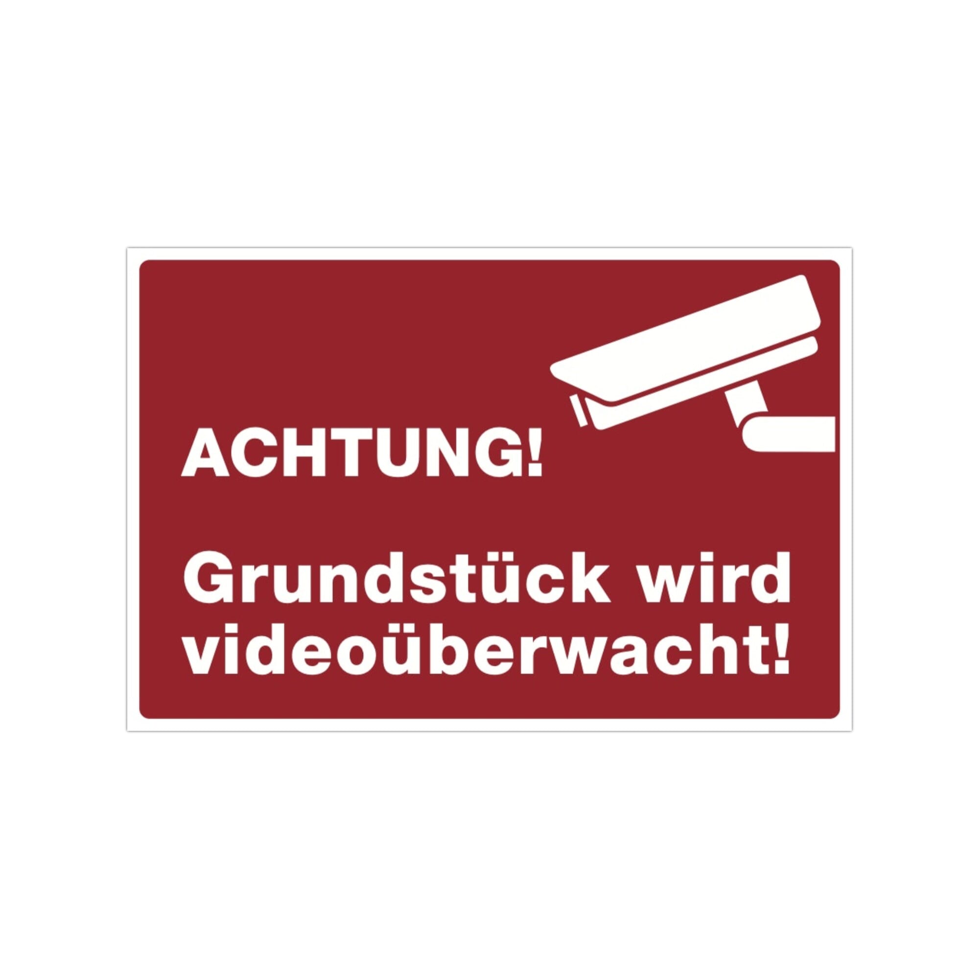 Drei rote Aufkleber "Achtung! Grundstück wird videoüberwacht" in Signalrot, 300x200 mm, auf einer Oberfläche angebracht.