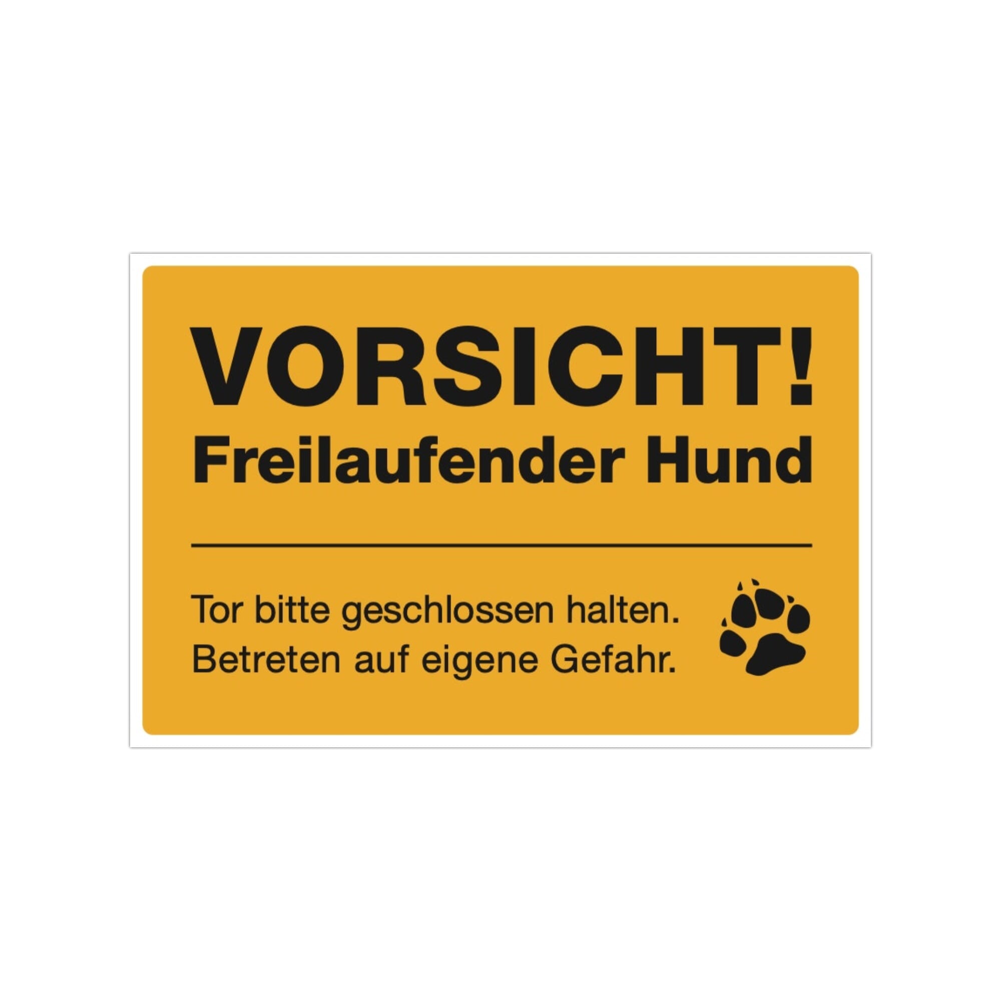 Drei gelbe Aufkleber "Vorsicht! Freilaufender Hund" mit 300x200 mm, auf glattem Untergrund, Warnhinweis für Hunde.