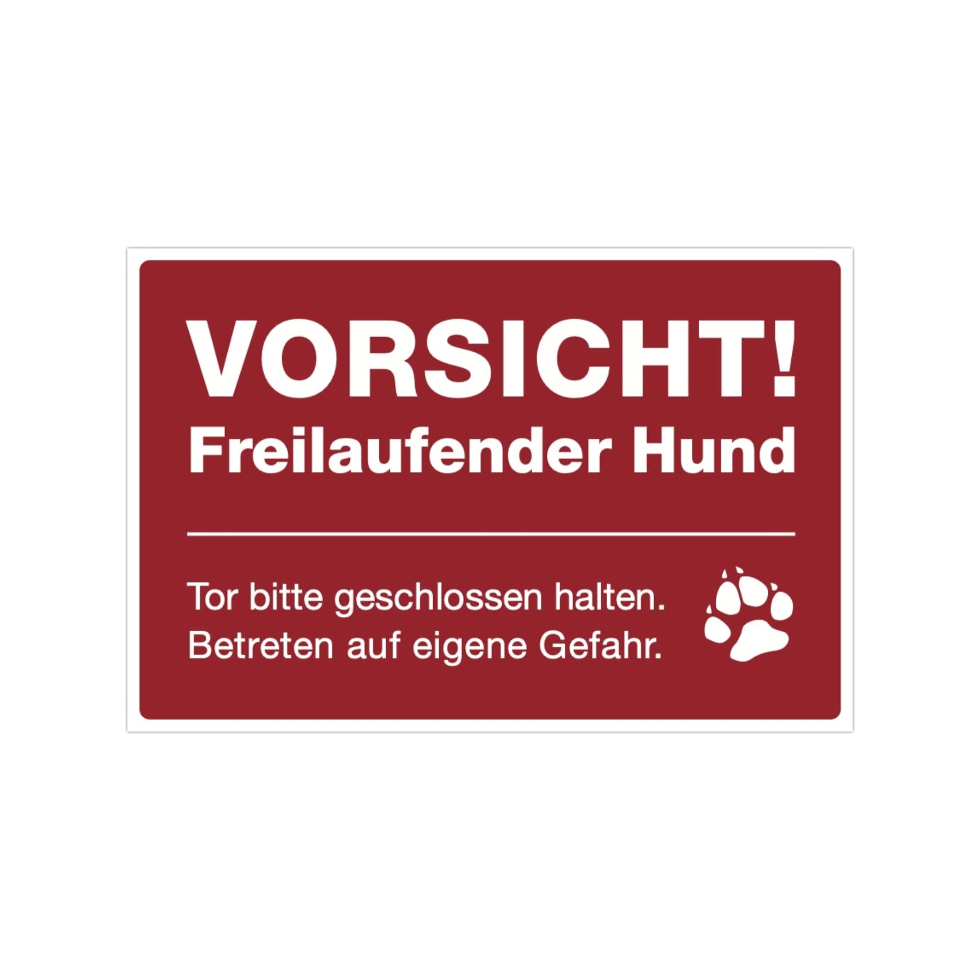 Drei signalrote Aufkleber "Vorsicht! Freilaufender Hund" in 300x200 mm, aufkleberdrucker.de, sichtbare Aufkleber auf Papier