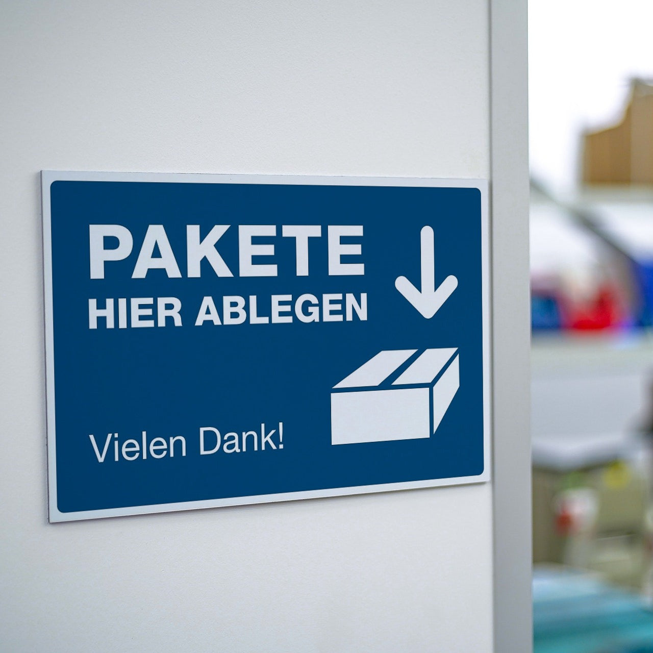Schild Alu-Verbund Paket hier ablegen Vielen Dank(signalblau, 300x200x4 mm)
