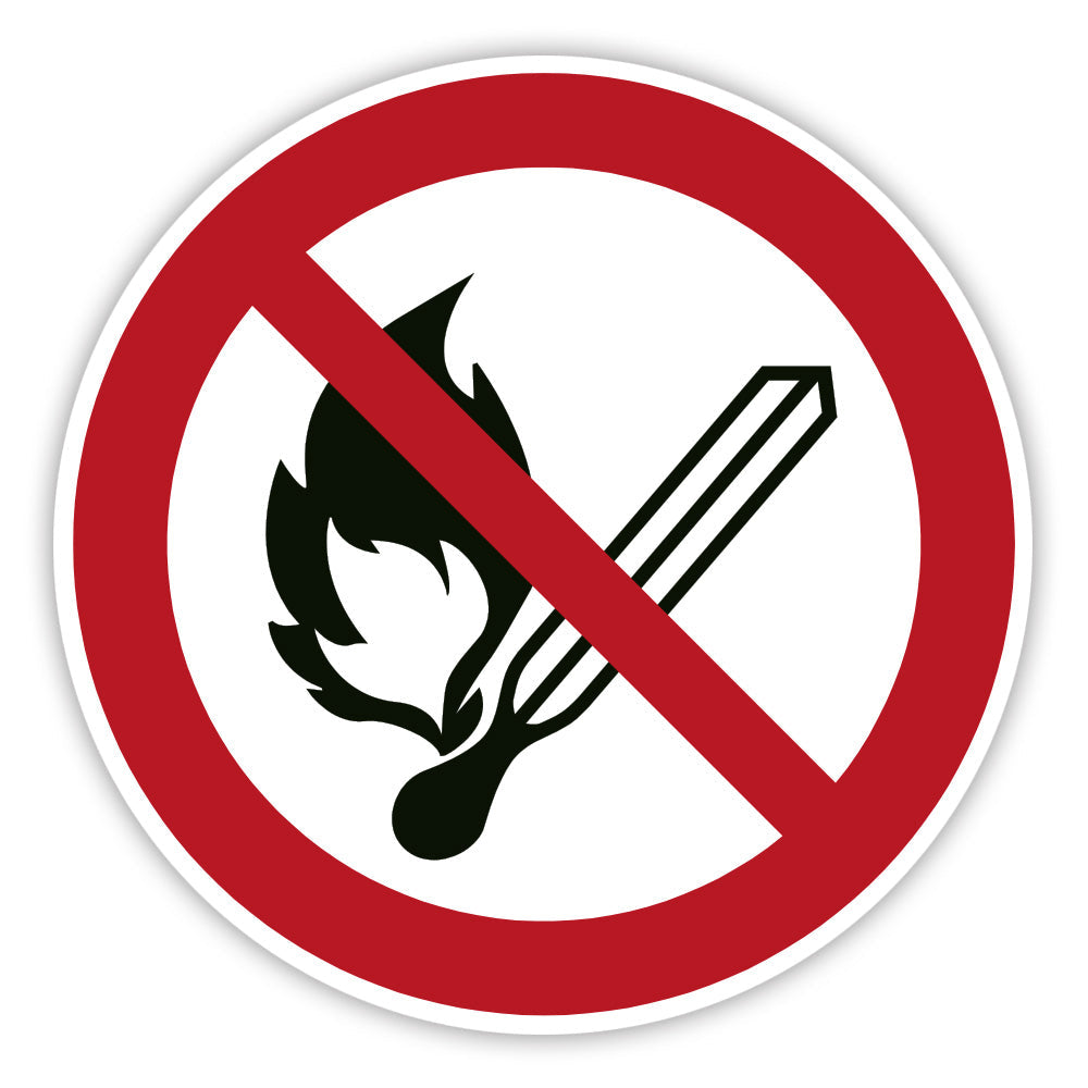 Aufkleber "Keine offene Flamme" mit rotem Verbotssymbol und Text, Warnhinweis auf Brandgefahr, von aufkleberdrucker.de