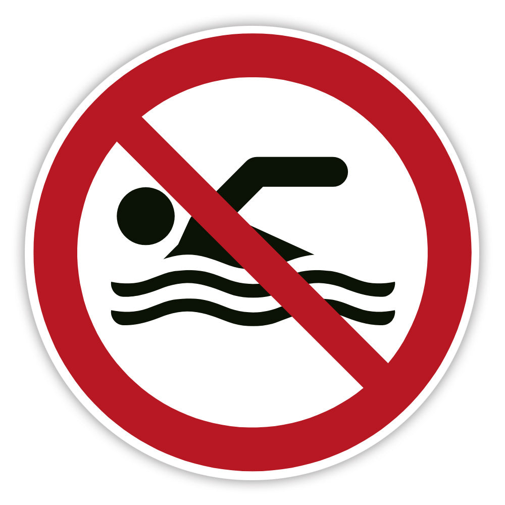 Aufkleber "Schwimmen verboten" mit rotem Verbotszeichen, geeignet für Schwimmbäder und Warnhinweise.