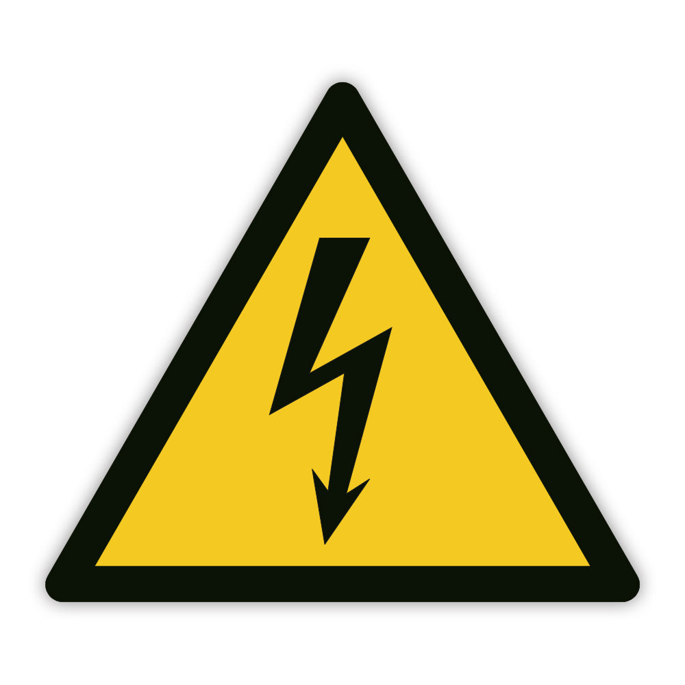Warnschild mit Aufkleber "Warnung vor gefährlicher elektrischer Spannung" auf weißem Hintergrund, von aufkleberdrucker.de.